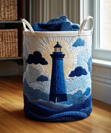 Peaceful Lighthouse Quilted Laundry Hamper — Serene Collapsible Fabric Basket For Bathroom, Bedroom & Organized Coastal Living
