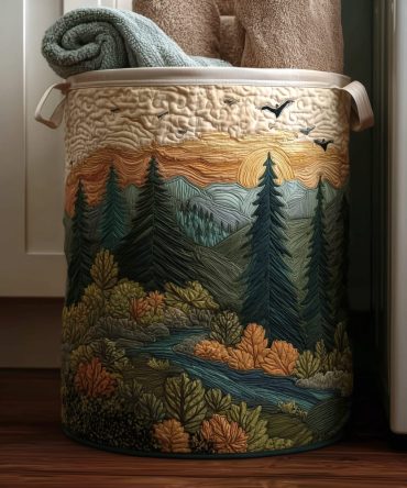 Peaceful Pines Quilted Laundry Hamper — Serene Pine Pattern Foldable Fabric Basket With Handles For Calm, Organized Bedrooms & Cabins
