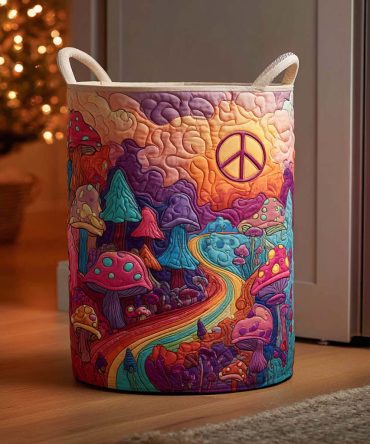 Decorative Quilted Laundry Hamper With Mushroom Village Print — Foldable Large Storage Basket For Bedroom & Dorm