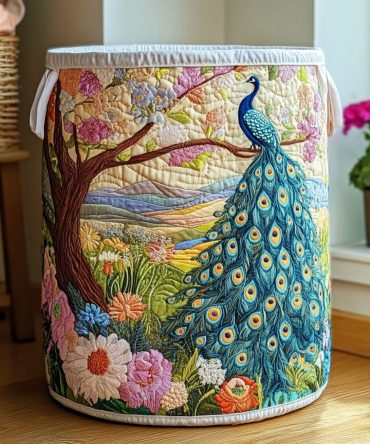 Peacock Bloom Quilted Laundry Hamper — Colorful Floral Fabric Clothes Basket, Collapsible & Durable For Decorative Home Organization