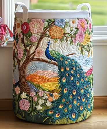 Peacock Charm Quilted Hamper - Elegant Collapsible Laundry Basket & Decorative Fabric Storage Bin With Strong Handles