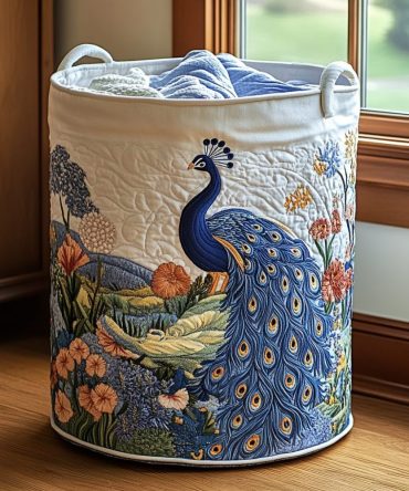 Peacock Dream Quilted Laundry Hamper — Vibrant Peacock Feather Pattern Storage Basket, Collapsible Washable Fabric Hamper