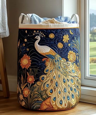 Peacock Garden Quilted Laundry Hamper — Elegant Peacock Feather Fabric Basket With Sturdy Handles, Collapsible Decorative Storage For Luxe Interiors