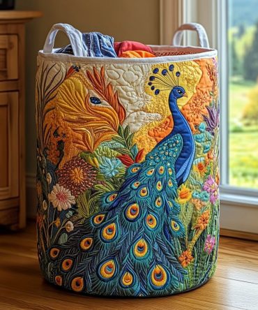 Peacock Glory Quilted Storage Hamper — Decorative Collapsible Laundry Basket With Handles, Padded Stylish Fabric For Elegant Home Organization