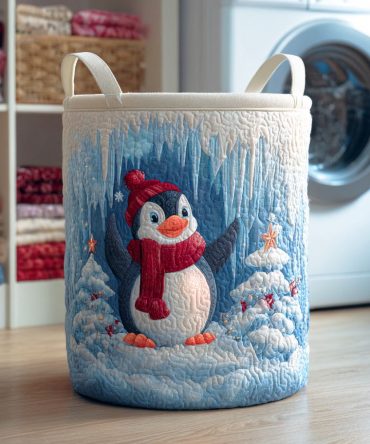 Penguin Frost Path Quilted Hamper — Cute Collapsible Laundry Basket With Handles , Seasonal Kids’ Storage & Nursery Organizer