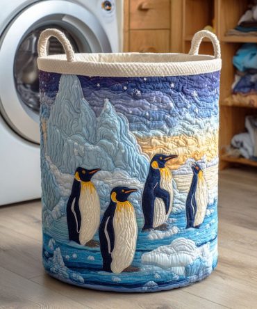 Penguin Frost Path Quilted Laundry Hamper – Winter Penguin-Themed Foldable Laundry Basket For Seasonal Home Decor & Kids’ Rooms