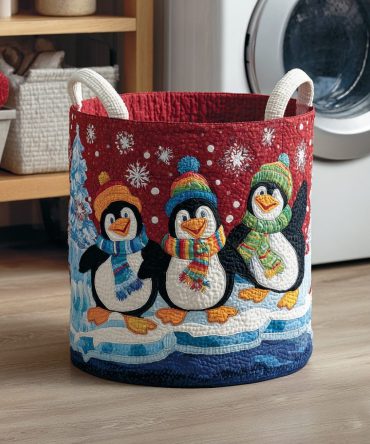 Festive Penguin Holiday Quilted Laundry Hamper — Collapsible Decorative Laundry Basket For Seasonal Decor, Durable Carry Handles & Sturdy Base