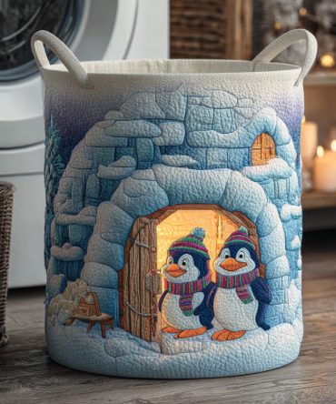 Cozy Penguin Snow Quilted Laundry Hamper — Decorative Collapsible Laundry Basket For Winter Bedrooms & Kids Rooms, Sturdy Fabric Storage