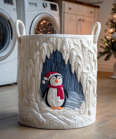 Penguin Winter Glow Quilted Laundry Hamper - Festive Penguin Print Foldable Fabric Storage Basket With Sturdy Handles For Home