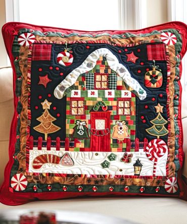 Peppermint House Quilted Pillow Cover - Festive Candy-Cane Cottage Throw Pillowcase, Soft Cotton, Machine-Washable Holiday Accent For Kitchen