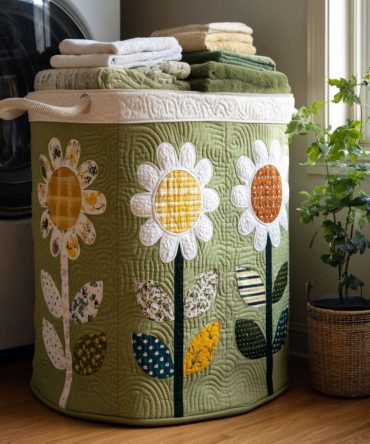 Petal Patch Parade Quilted Laundry Hamper – Colorful Patchwork Floral Basket, Foldable Fabric Hamper For Nursery, Bedroom & Dorm