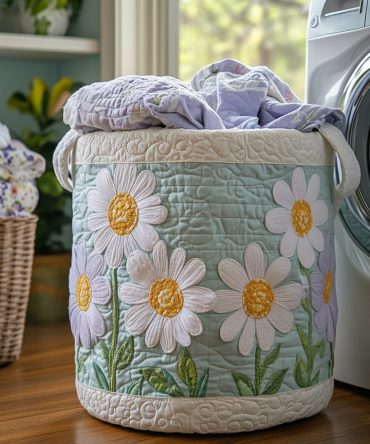 Petal Path Quilted Laundry Hamper — Decorative Floral Fabric Hamper With Handles, Foldable Storage Basket For Home & Nursery