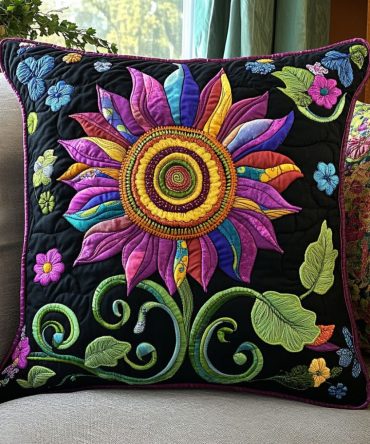 Vibrant Petal Prism Quilted Decorative Pillow Cover — Colorful Floral Throw Pillowcase, Durable Cotton-Blend, Easy Care