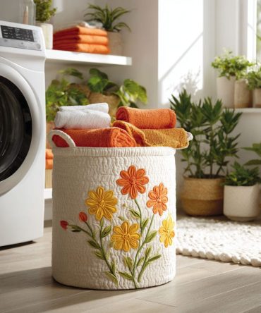 Petal Way Quilted Laundry Hamper , Elegant Petal Print Collapsible Laundry Basket For Home, Nursery & Dorm — Lightweight, Durable & Machine-Washable