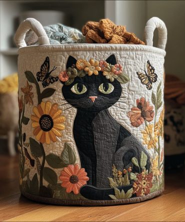 Petal & Purr Quilted Laundry Hamper - Floral Cat Print Fabric Basket, Large Foldable Laundry Organizer With Reinforced Handles For Stylish Rooms
