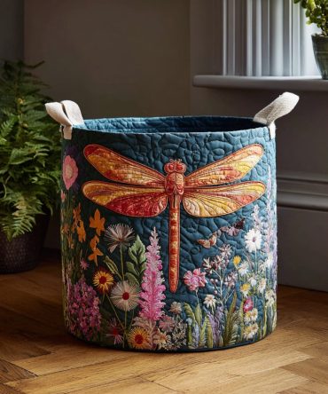 Petalflight Dragonfly Quilted Laundry Hamper - Elegant Floral Cotton Basket With Handles For Stylish Storage
