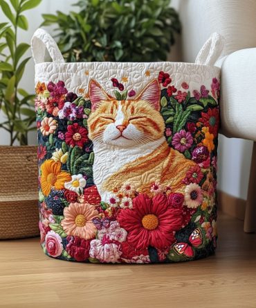 Petals & Purrs Quilted Laundry Hamper - Charming Floral Cat Print Collapsible Basket With Comfortable Handles