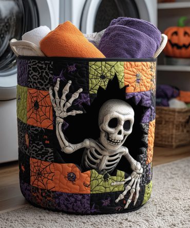 Phantom Laugh Quilted Laundry Hamper - Dark Floral Gothic Fabric Basket With Sturdy Handles, Decorative Bedroom & Dorm Storage