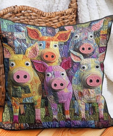 Pigs In The Patchwork Quilted Pillow Cover — Whimsical Farm Animal Decorative Throw Pillowcase, Playful Patchwork Accent For Country Homes