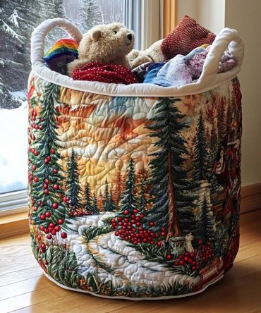 Pine & Berry Quilted Laundry Hamper — Rustic Holiday Pine Berry Print Foldable Laundry Basket, Seasonal Decorative Storage