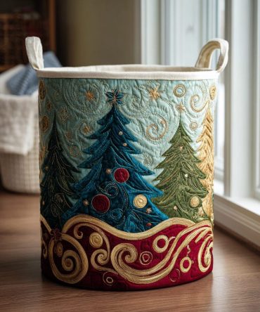 Pine Delight Quilted Laundry Hamper — Evergreen Quilted Fabric Basket, Foldable Holiday Laundry Organizer With Handles For Cozy Homes