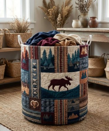 Pine Ridge Quilted Laundry Hamper - Foldable Large Capacity Basket With Nature-Inspired Print, Reinforced Handles & Easy Care Liner