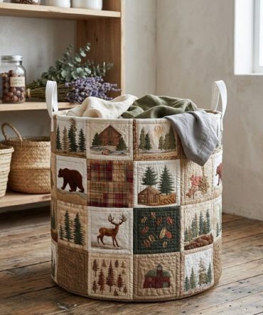 Pine Ridge Quilted Laundry Hamper — Rustic Pine Ridge Print Storage Basket, Large Washable Cotton Quilt, Collapsible Cabin-Style Organizer