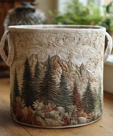 Pine Valley Quilted Laundry Hamper — Rustic Pine Print Fabric Hamper, Collapsible Laundry Storage With Reinforced Base & Handles
