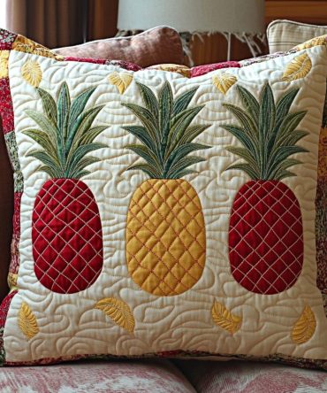 Pineapple Harmony Quilted Pillow Cover – Tropical Fruit Print Decorative Throw Pillowcase For Kitchen, Patio & Bedroom, Cotton, Washable