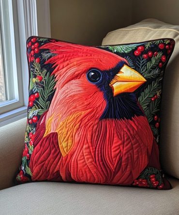Pinecrest Cardinal Quilted Pillow Cover — Rustic Woodland Red Bird Throw Case For Cozy Cabin & Holiday Home Styling