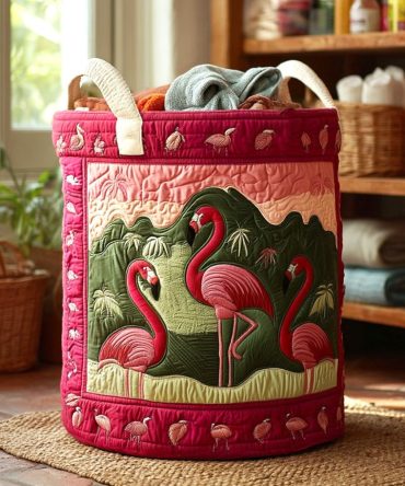 Chic Pink Quilted Laundry Basket – Pink Flock Bird Print, Large Foldable Hamper With Reinforced Handles For Girls' Rooms & Stylish Storage