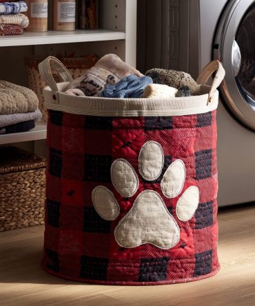 Plaid Bulldog Paw Quilted Laundry Hamper - Cute Plaid Dog Design, Durable Foldable Storage Basket With Sturdy Handles