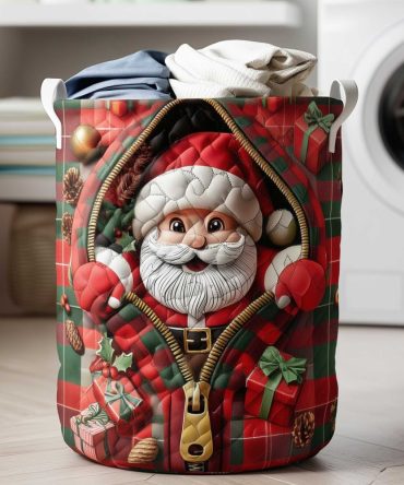 Plaid Cozy Santa Quilted Laundry Basket , Large Foldable Hamper With Comfort Handles & Decorative Plaid Santa Design For Seasonal Home Storage