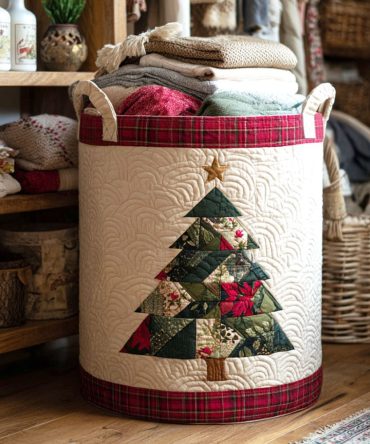 Premium Plaid Patch Quilted Laundry Hamper — Festive Tree Motif, Durable Canvas & Quilting, Foldable Storage Bin For Home
