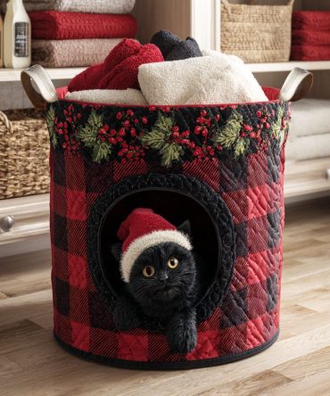 Plaid Santa Cat Quilted Laundry Hamper — Festive Plaid & Santa Cat Fabric Storage Basket With Quilted Finish, Strong Handles & Fold-Flat Design