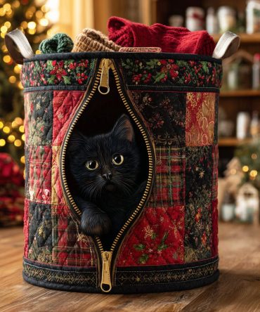 Chic Quilted Plaid Cat Laundry Hamper With Zipper Pocket — Stylish Fabric Basket, Foldable Organizer, Stain-Resistant & Handy Handles