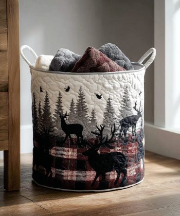 Plaid & Antler Quilted Laundry Hamper — Rustic Lodge Fabric Storage Basket, Foldable Deer Motif Laundry Organizer With Handles
