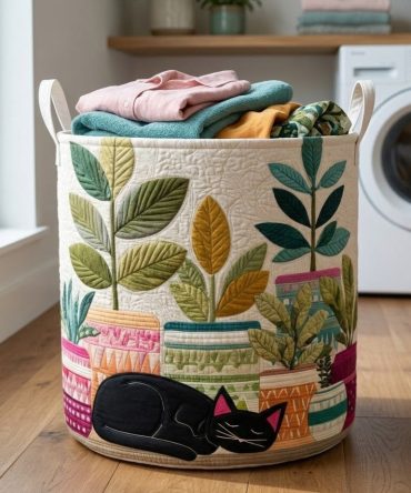 Plant Purrs Quilted Laundry Hamper — Botanical Cat Print Storage Basket, Large Washable Cotton Quilt, Collapsible & Sturdy Handles