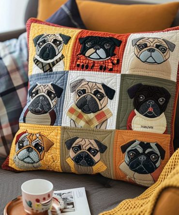 Playful Pugs Quilted Pillow Cover — Fun & Colorful Dog-Themed Throw Pillow Case For Family Rooms, Kids' Spaces & Pet Lovers