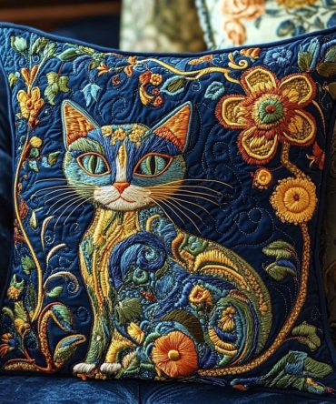 Playful Cat Blossom Quilted Throw Pillow Cover — Cheerful Floral Cat Cushion To Brighten Sofas, Kids Rooms & Gift Bundles