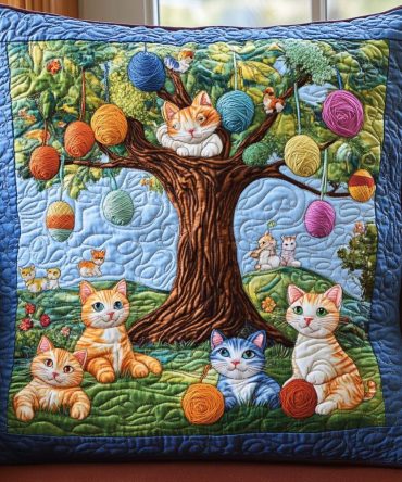 Playful Cats & Yarn Quilted Throw Pillow Cover — Soft Cotton Accent Case With Charming Cat Motif, Ideal Gift For Pet Lovers