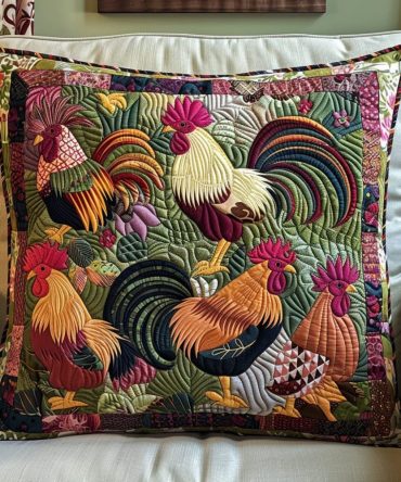 Playful Chickens Quilted Cushion Cover — Fun Rooster & Hen Pillow Case, Quilted Throw Accent Adding Whimsy To Farmhouse & Casual Interiors