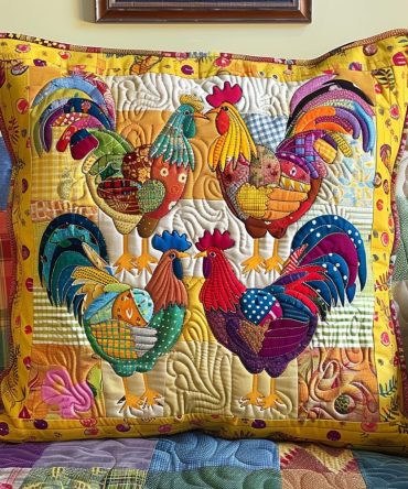 Whimsical Quilted Chicken Throw Pillow Cover — Playful Farmhouse Chicken Print Decorative Pillowcase, Soft Cotton Blend