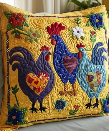 Playful Chickens Quilted Cushion Cover – Fun Farmhouse Throw Pillow Case With Soft Quilting And Easy-Care Fabric