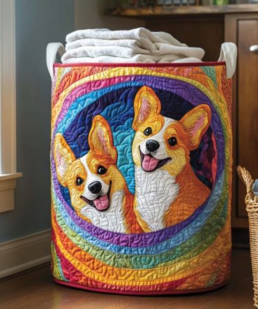 Playful Corgi Rainbow Quilted Hamper — Colorful Corgi & Rainbow Laundry Basket, Large Collapsible Storage With Soft Handles