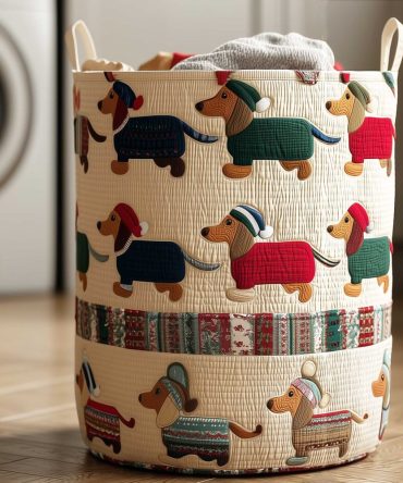 Fun Quilted Dachshund Parade Laundry Hamper — Playful Dog Print Fabric Basket, Collapsible Hamper With Handles, Durable & Easy-Clean