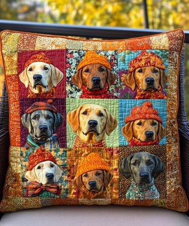 Playful Autumn Labrador Quilted Throw Pillow Cover — Cozy Fall Dog Accent Cushion In Warm Tones, Hidden Zipper, Machine-Washable