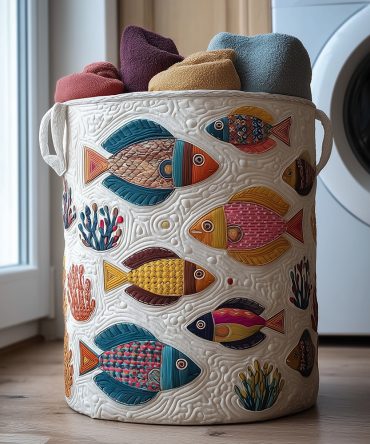 Playful Fish Quilted Laundry Hamper — Cute Cartoon Sea Creature Fabric Basket For Children'S Laundry, Toys, Bedroom Storage — Foldable & Easy-Care