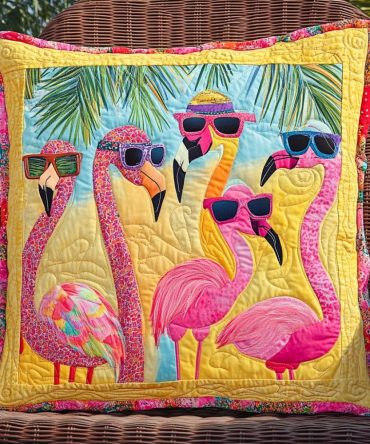 Playful Flamingo Quilted Pillow Cover - Tropical Pink Flamingo Print Decorative Throw Pillow Sham, Beachy Boho Accent, Soft Touch Cotton