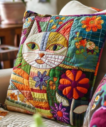 Playful Floral Cats Quilted Pillow Cover - Charming Decorative Pillow Sham, Soft Quilted Cotton, Floral Cat Print For Cozy Rooms